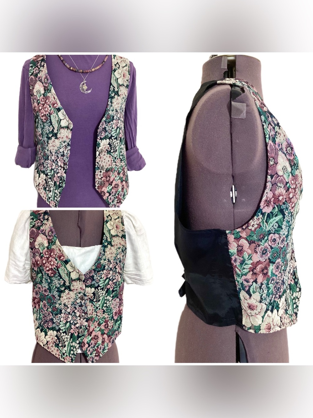 90s Floral Tapestry Button Front Grannycore Vest M